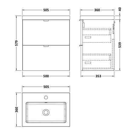 Hudson Reed Fusion Double Drawer 500mm Wall Hung Unit & Polymarble Basin (1 size, Bleached Oak) - Brand New Bathrooms