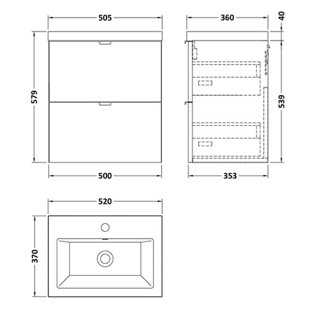 Hudson Reed Fusion Double Drawer 500mm Wall Hung Unit & Ceramic Basin (1 size, Bleached Oak) - Brand New Bathrooms