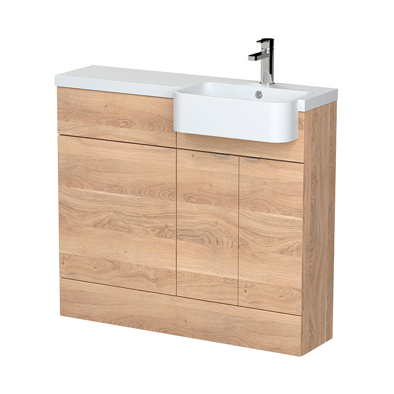 Hudson Reed Fusion Floor Standing 1000mm Combination Unit & Right Hand Semi Recessed Basin (1 size, Bleached Oak) - Brand New Bathrooms