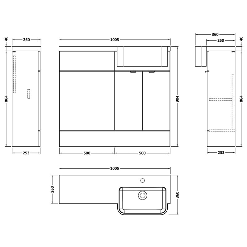 Hudson Reed Fusion Floor Standing 1000mm Combination Unit & Right Hand Semi Recessed Basin (1 size, Bleached Oak) - Brand New Bathrooms