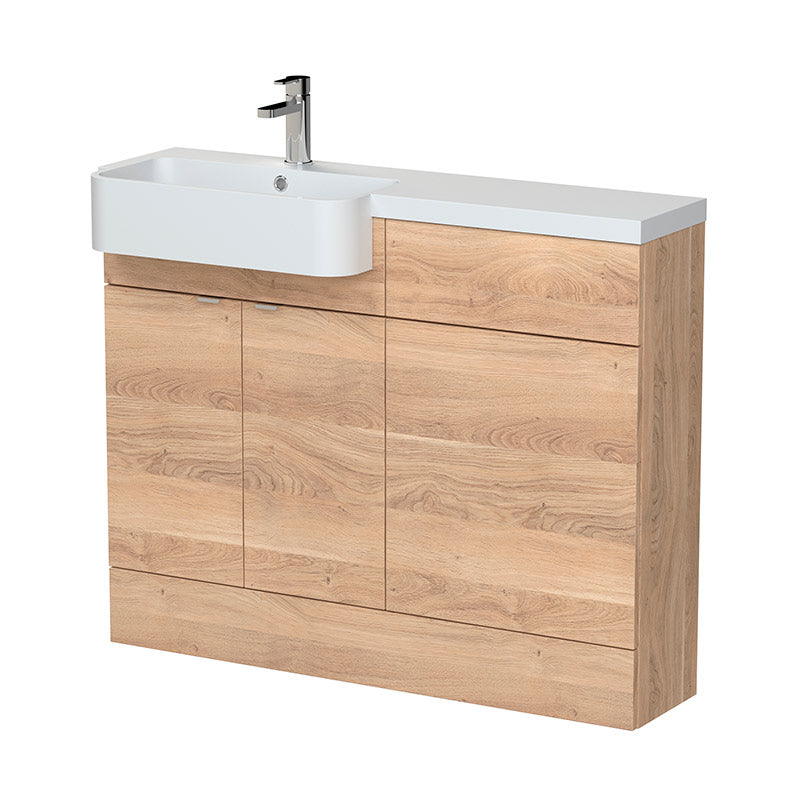 Hudson Reed Fusion Floor Standing 1100mm Combination Unit & Left Hand Semi Recessed Basin (1 size, Bleached Oak) - Brand New Bathrooms