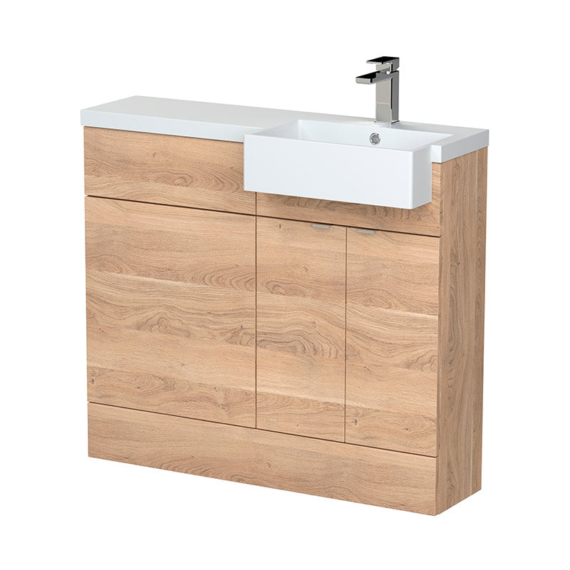Hudson Reed Fusion Floor Standing 1000mm Combination Unit & Right Hand Semi Recessed Basin (1 size, Bleached Oak) - Brand New Bathrooms