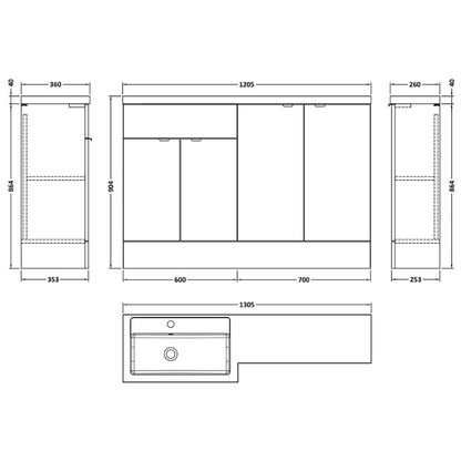 Hudson Reed Fusion Floor Standing Four Door 1200mm Vanity Unit & Basin - Left Hand Combination (1 size, 5 colours) - Brand New Bathrooms