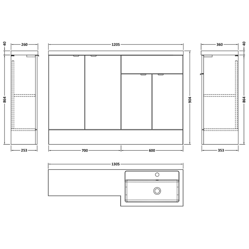 Hudson Reed Fusion Floor Standing Four Door 1200mm Vanity Basin Unit - Right Hand Combination (1 size, 5 colours) - Brand New Bathrooms