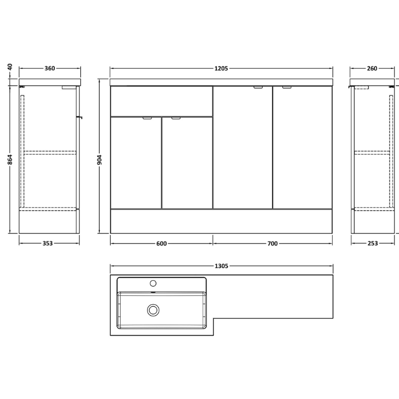 Hudson Reed Fusion Floor Standing Four Door 1200mm Vanity Unit & Basin - Left Hand Combination (1 size, 5 colours) - Brand New Bathrooms
