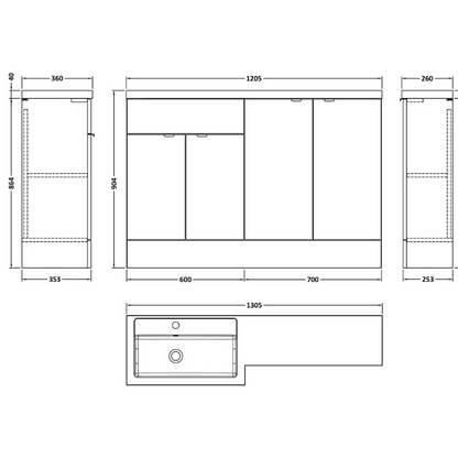 Hudson Reed Fusion Floor Standing Four Door 1200mm Vanity Unit & Basin - Left Hand Combination (1 size, 5 colours) - Brand New Bathrooms