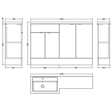 Hudson Reed Fusion Floor Standing Four Door 1200mm Vanity Unit & Basin - Left Hand Combination (1 size, 5 colours) - Brand New Bathrooms