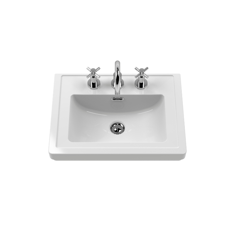 Nuie Classique 500mm Wall Hung 1 Drawer Vanity Unit with 3 Tap Hole Basin & Chrome Handle (1 size, Satin White) - Brand New Bathrooms