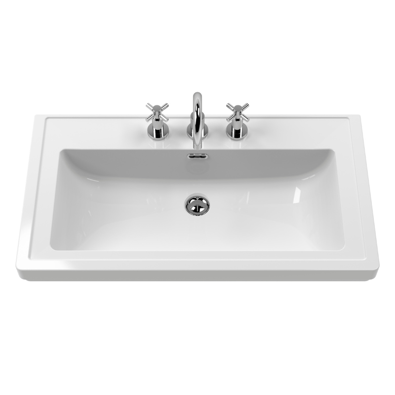 Nuie Classique 830mm Wall Hung 1 Drawer Vanity Unit with 3 Tap Hole Basin (1 size, Satin White) - Brand New Bathrooms