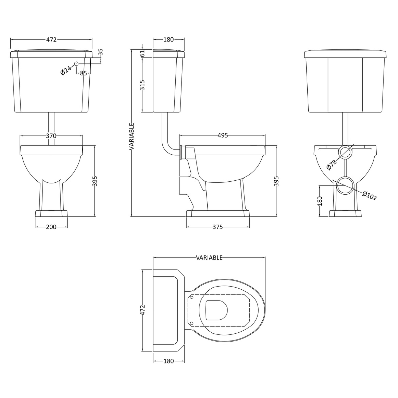 Nuie Carlton Low Level Pan, Cistern & Flush Pipe Kit (white) - Brand New Bathrooms