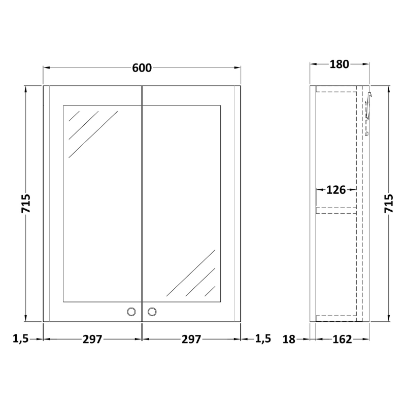Nuie 600mm Classique Wall Hung 2 Door Mirror Cabinet (1 size, 4 colours) - Brand New Bathrooms