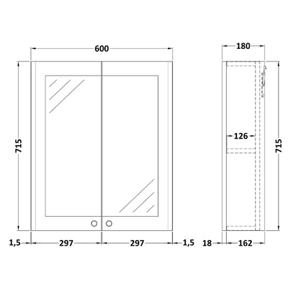 Nuie 600mm Classique Wall Hung 2 Door Mirror Cabinet (1 size, 4 colours) - Brand New Bathrooms