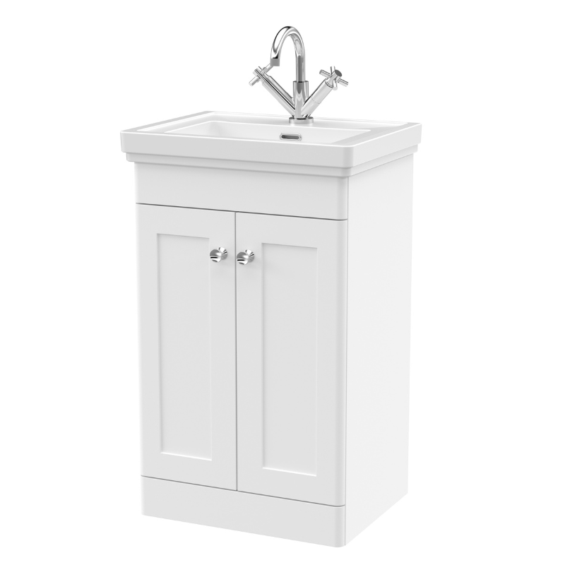 Nuie Classique Floor Standing 2 Door Vanity Basin Unit & 1 Tap Hole Fireclay Basin (1 size, Satin White) - Brand New Bathrooms