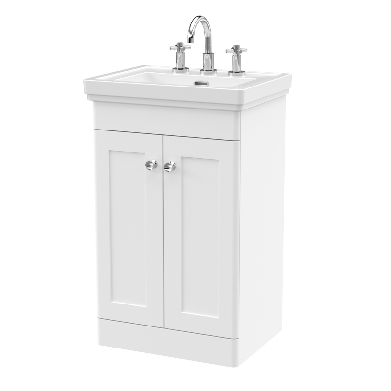 Nuie Classique Floor Standing 2 Door Vanity Basin Unit & 3 Tap Hole Fireclay Basin (1 size, Satin White) - Brand New Bathrooms