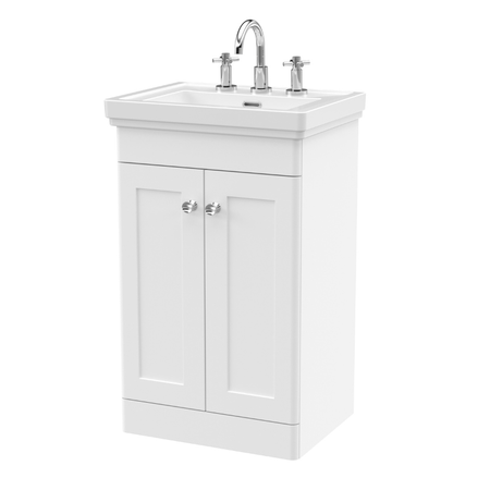 Nuie Classique Floor Standing 2 Door Vanity Basin Unit & 3 Tap Hole Fireclay Basin (1 size, Satin White) - Brand New Bathrooms