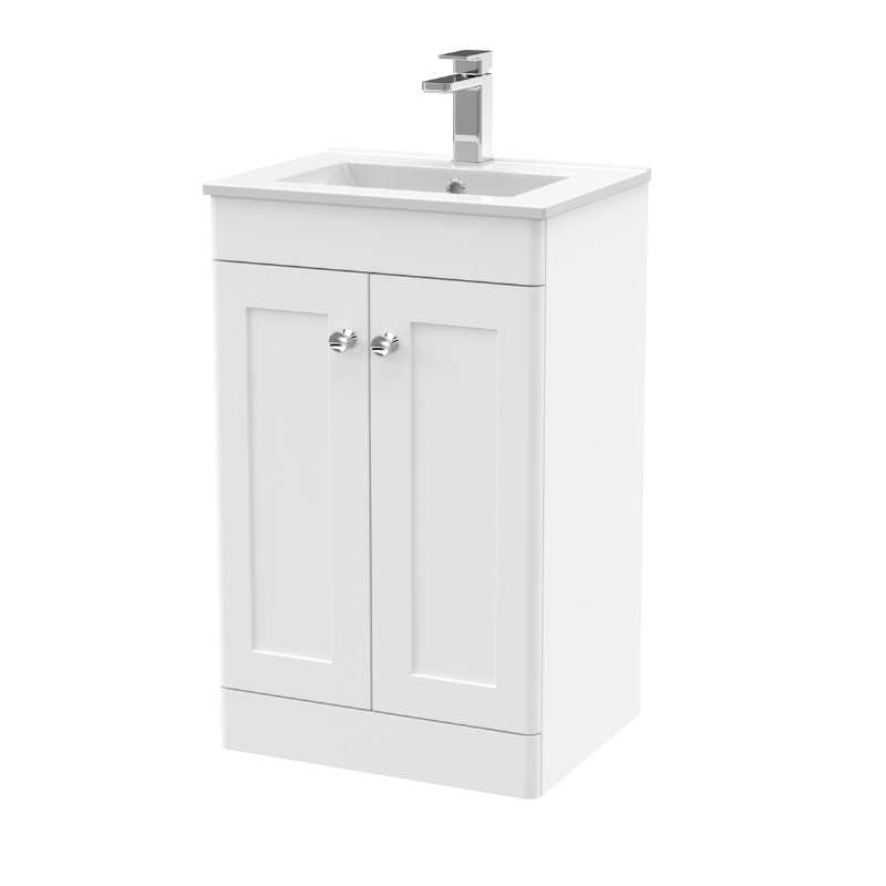 Nuie Classique Floor Standing 2 Door Unit & Minimalist Ceramic Basin (1 size, Satin White) - Brand New Bathrooms
