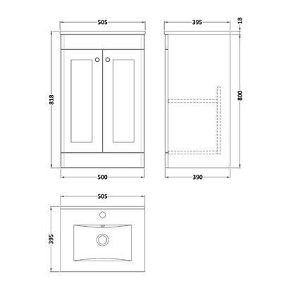 Nuie Classique Floor Standing 2 Door Unit & Minimalist Ceramic Basin (1 size, Satin White) - Brand New Bathrooms