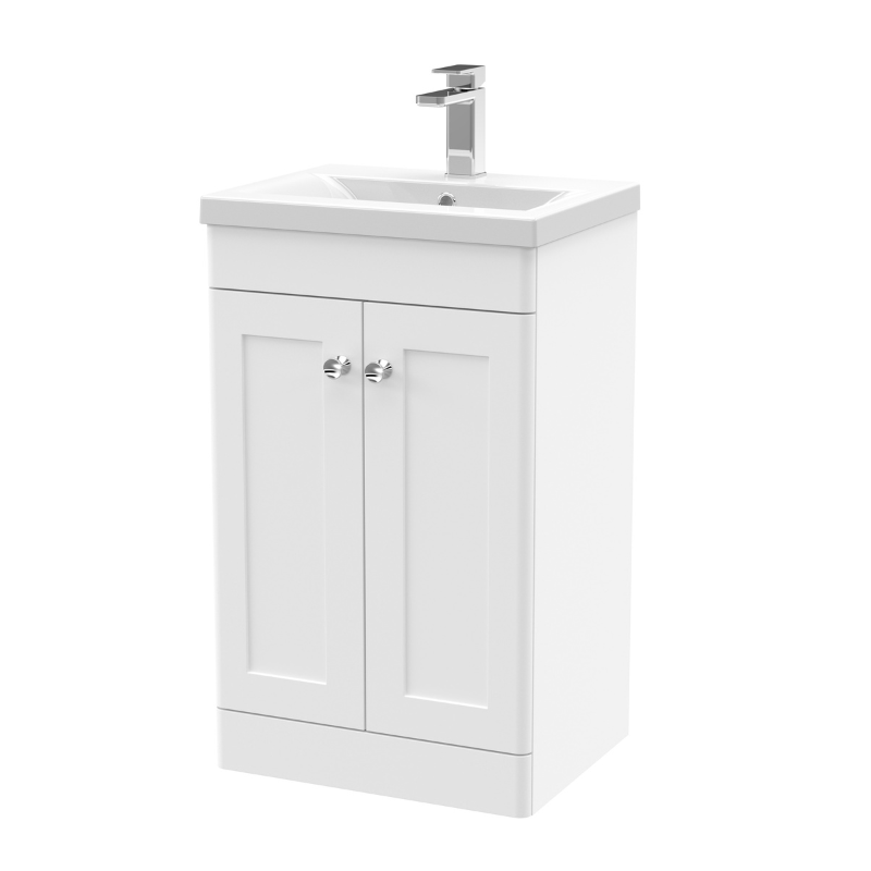 Nuie Classique Floor Standing 2 Door Unit & Mid-Edge Ceramic Basin (1 size, Satin White) - Brand New Bathrooms