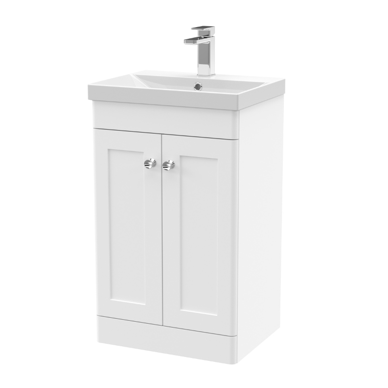 Nuie Classique Floor Standing 2 Door Unit & Thin-Edge Ceramic Basin (1 size, Satin White) - Brand New Bathrooms
