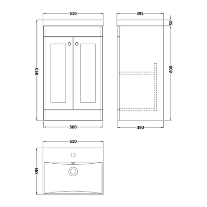Nuie Classique Floor Standing 2 Door Unit & Thin-Edge Ceramic Basin (1 size, Satin White) - Brand New Bathrooms