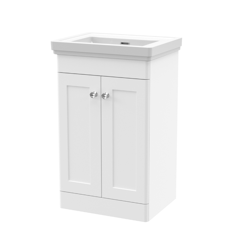 Nuie Classique Floor Standing 2 Door Unit & 0 Tap Hole Fireclay Basin (1 size, Satin White) - Brand New Bathrooms