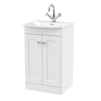 Nuie Floor Standing 2-Door Unit & Curved Basin (1 size, Satin White) - Brand New Bathrooms