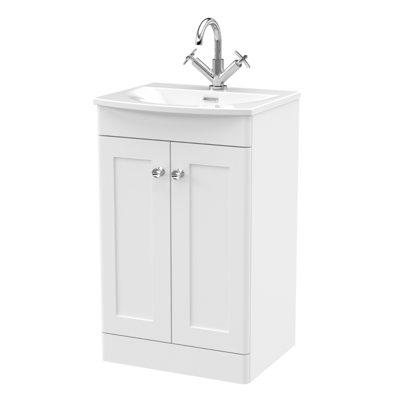Nuie Floor Standing 2-Door Unit & Curved Basin (1 size, Satin White) - Brand New Bathrooms