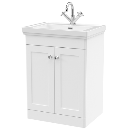 Nuie Classique Floor Standing 2 Door Vanity Basin Unit & 1 Tap Hole Fireclay Basin (1 size, Satin White) - Brand New Bathrooms
