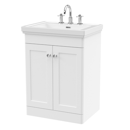 Nuie Classique Floor Standing 2 Door Vanity Basin Unit & 3 Tap Hole Fireclay Basin (1 size, Satin White) - Brand New Bathrooms