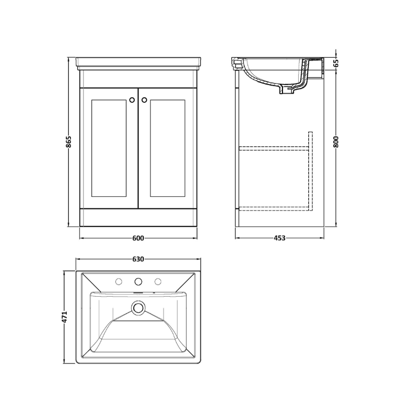 Nuie Classique Floor Standing 2 Door Vanity Basin Unit & 3 Tap Hole Fireclay Basin (1 size, Satin White) - Brand New Bathrooms