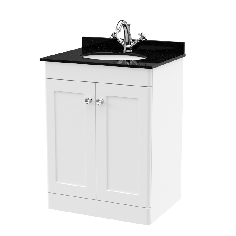 Nuie Classique Floor Standing 2 Door Unit & 1 Tap Hole Marble Top with Oval Basin (1 size, Satin White) - Brand New Bathrooms