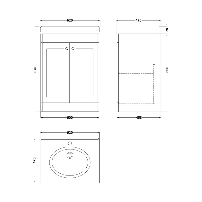 Nuie Classique Floor Standing 2 Door Unit & 1 Tap Hole Marble Top with Oval Basin (1 size, Satin White) - Brand New Bathrooms