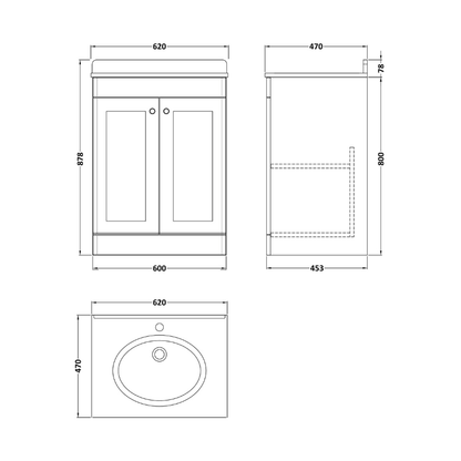 Nuie Classique Floor Standing 2 Door Unit & 1 Tap Hole Marble Top with Oval Basin (1 size, Satin White) - Brand New Bathrooms