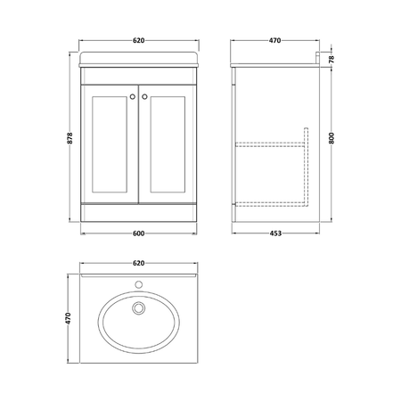 Nuie Classique Floor Standing 2 Door Unit & 1 Tap Hole Marble Top with Oval Basin (1 size, Satin White) - Brand New Bathrooms