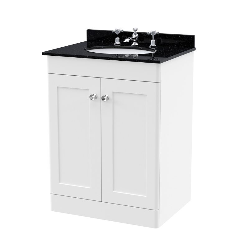 Nuie Classique Floor Standing 2 Door Unit & 3 Tap Hole Marble Top with Oval Basin (1 size, Satin White) - Brand New Bathrooms