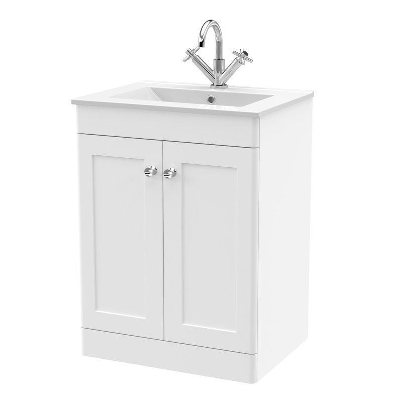 Nuie Classique 600mm Floor Standing 2-Door Vanity with Basin - 1 Tap Hole (1 size, Satin White) - Brand New Bathrooms