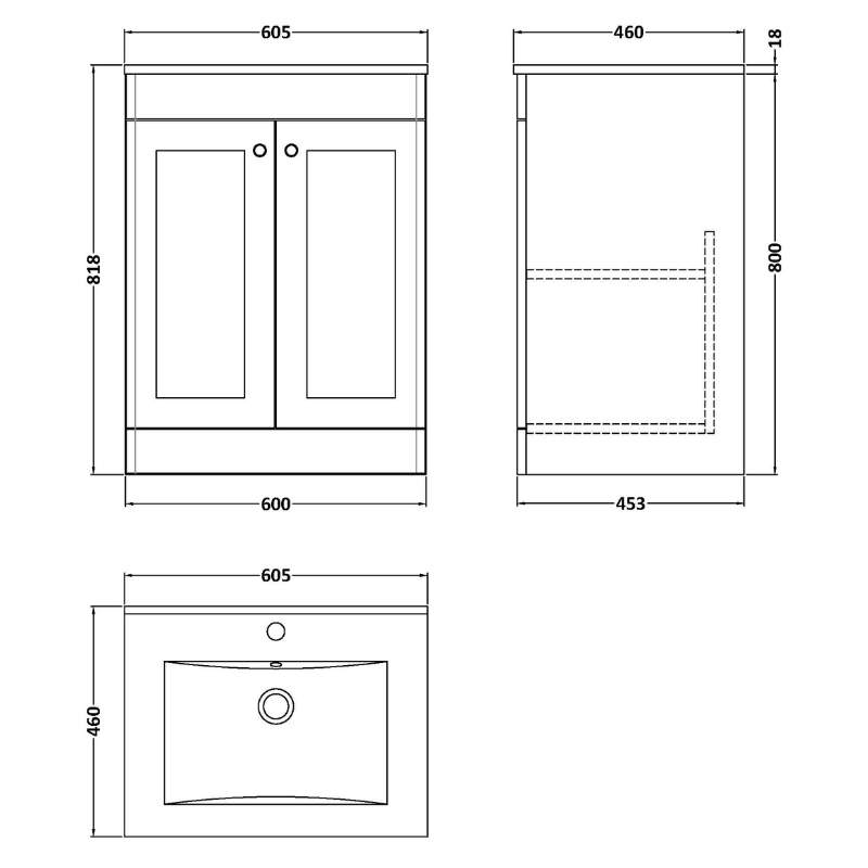 Nuie Classique 600mm Floor Standing 2-Door Vanity with Basin - 1 Tap Hole (1 size, Satin White) - Brand New Bathrooms
