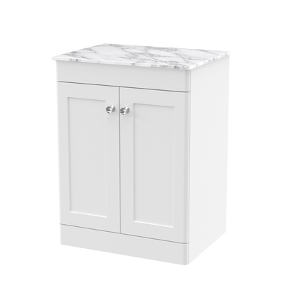 Nuie Classique 600mm Floor Standing Vanity Unit With Marble Top & Soft Close Doors (1 size, Satin White) - Brand New Bathrooms