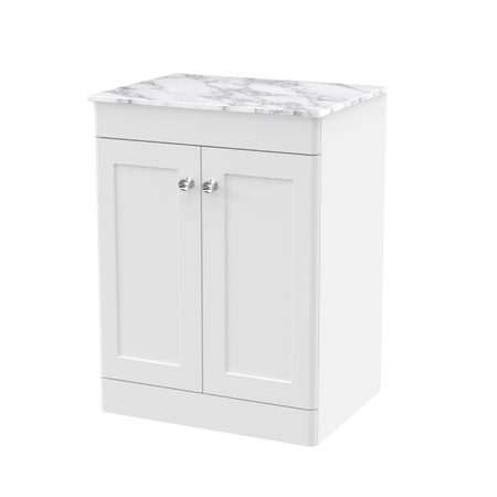 Nuie Classique 600mm Floor Standing Vanity Unit With Marble Top & Soft Close Doors (1 size, Satin White) - Brand New Bathrooms