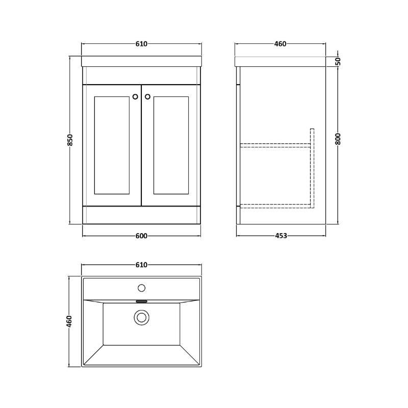 Nuie Classique 600mm Floor Standing 2-Door Vanity with Basin - 1 Tap Hole (1 size, Satin White) - Brand New Bathrooms