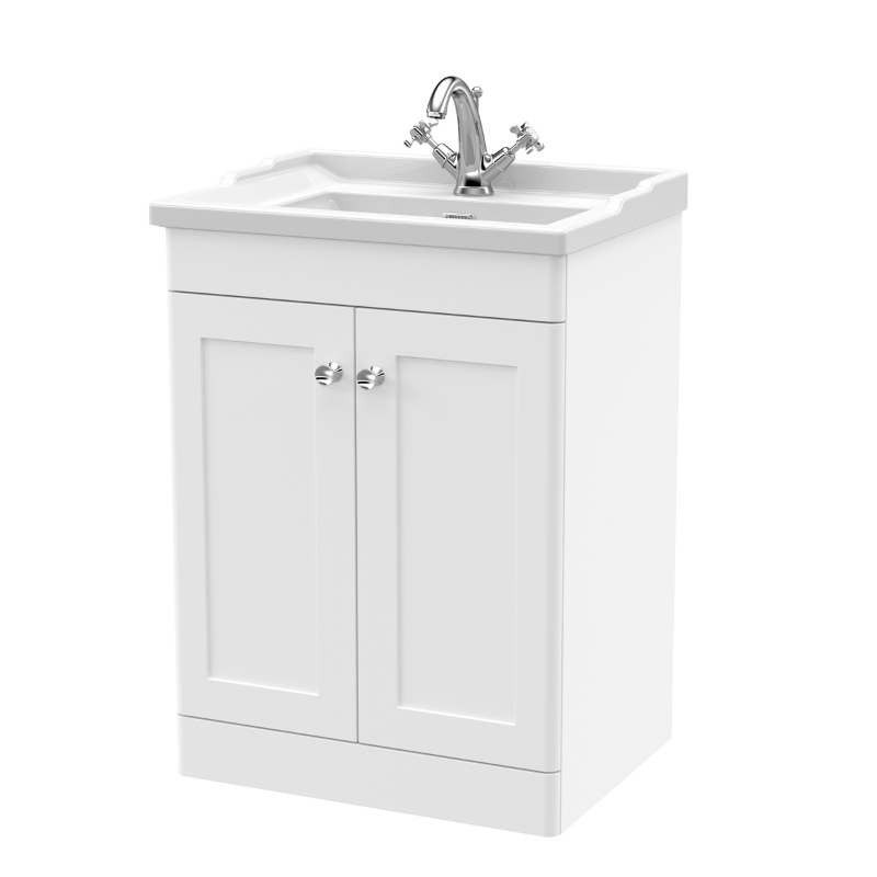 Nuie Classique Floor Standing 2 Door Unit & 1 Tap Hole Fireclay Basin (1 size, Satin White) - Brand New Bathrooms