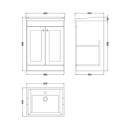 Nuie Classique Floor Standing 2 Door Unit & 1 Tap Hole Fireclay Basin (1 size, Satin White) - Brand New Bathrooms