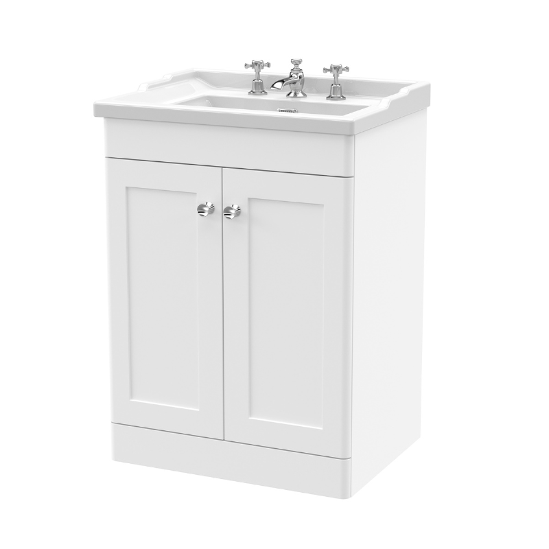 Nuie Classique Floor Standing 2 Door Unit & 3 Tap Hole Fireclay Basin (1 size, Satin White) - Brand New Bathrooms