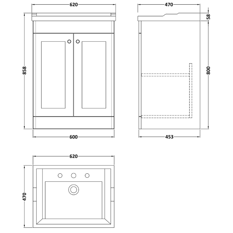 Nuie Classique Floor Standing 2 Door Unit & 3 Tap Hole Fireclay Basin (1 size, Satin White) - Brand New Bathrooms