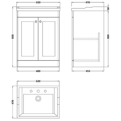 Nuie Classique Floor Standing 2 Door Unit & 3 Tap Hole Fireclay Basin (1 size, Satin White) - Brand New Bathrooms
