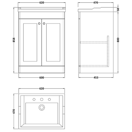 Nuie Classique Floor Standing 2 Door Unit & 3 Tap Hole Fireclay Basin (1 size, Satin White) - Brand New Bathrooms