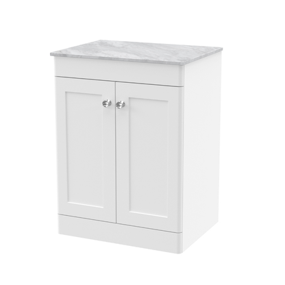Nuie Classique 610mm Floor Standing 2-Door Vanity Unit With Marble Top (1 size, Satin White) - Brand New Bathrooms