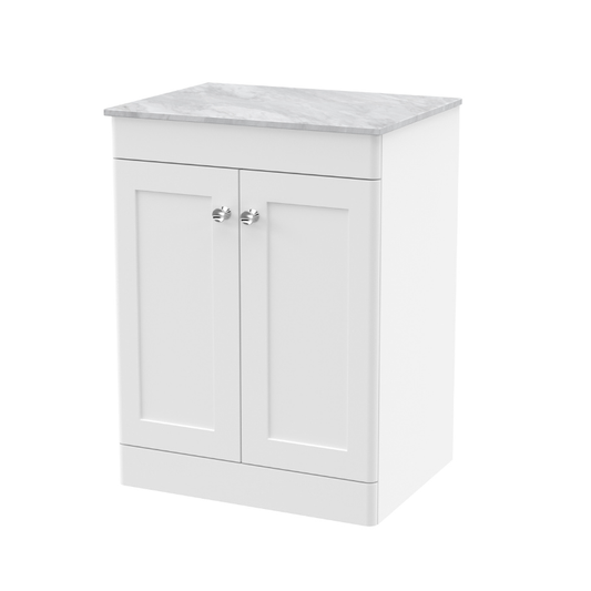 Nuie Classique 610mm Floor Standing 2-Door Vanity Unit With Marble Top (1 size, Satin White) - Brand New Bathrooms