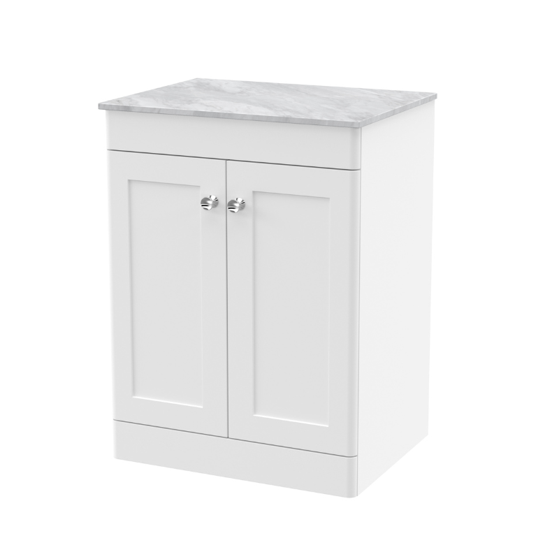 Nuie Classique 610mm Floor Standing 2-Door Vanity Unit With Marble Top (1 size, Satin White) - Brand New Bathrooms