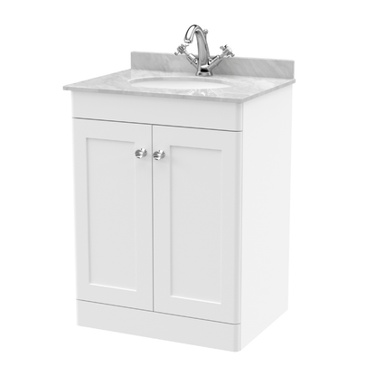 Nuie Classique Floor Standing 2 Door Unit & 1 Tap Hole Marble Top with Oval Basin (1 size, Satin White) - Brand New Bathrooms